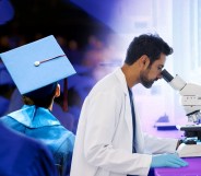 this is a side by side image. On the left side, there is an image of someone graduating. They are wearing the traditional cap and gown and those are in blue. On the right sight, there is an image of someone working in a medical lab. They are wearing a white lab coat and blue gloves while looking into a microscope.