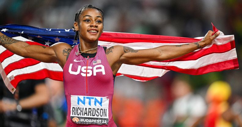 Sha'Carri Richardson of the United States celebrating first place competing in 100m Women Final during Day 3 of the World Athletics Championships Budapest 2023