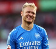 Aaron Ramsdale of Arsenal wears a blue strip on the football pitch