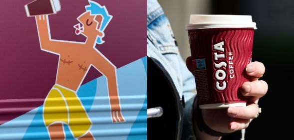 Composite image of illustration of trans man drinking a coffee, combined with stock image of Costa Coffee cup