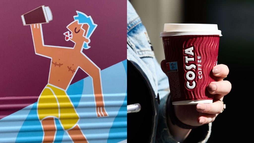 Composite image of illustration of trans man drinking a coffee, combined with stock image of Costa Coffee cup