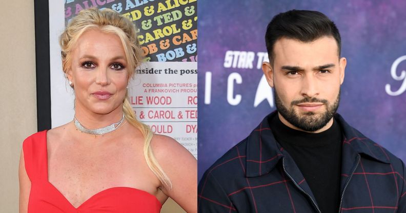 Side by side images of Britney Spears wearing a red outfit and Sam Asghari wearing a dark suit as the couple announce they are getting a divorce