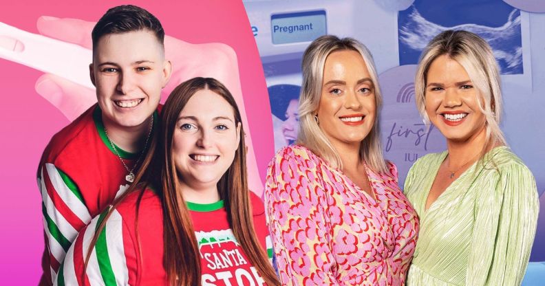 Queer couples Danielle and Natalie as well as Megan and Whitney Bacon-Evans pose next to each other with pink and blue images of pregnancy tests are seen behind them to illustrate their fertility journey