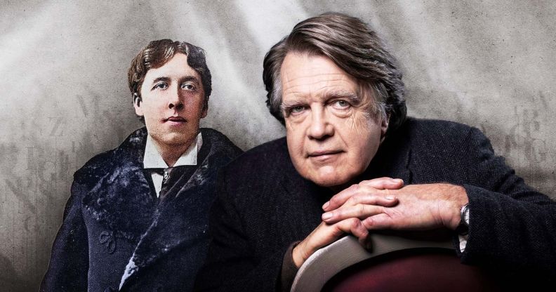 This graphic shows Oscar Wilde on the left against an edited grey background. On the right is Merlin Holland, his grandson, sitting on a chair and staring into the camera.