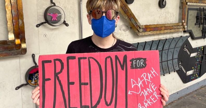 A protesters hold a Freedom for Sarah Jane Baker sign at a London protest