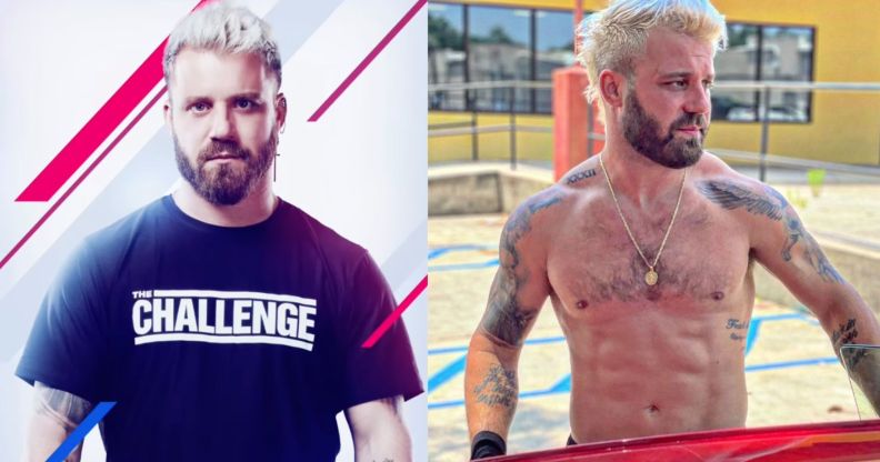 side by side pictures of Paulie Calafiore, one from his run on The Challenge: USA and another of him shirtless on a beach-like setting