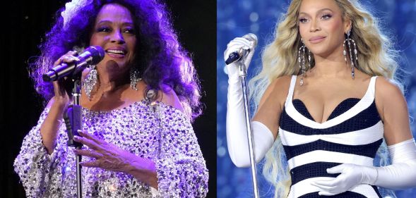 On the left, singer Diana Ross in a sparkly silver top smiles and holds a microphone. On the right, singer Beyoncé in a black and white striped top and white gloves holds a microphone.
