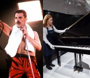 On the left, Freddie Mercury is topless and wearing red shorts, a towel round his neck, and signing into a microphone. On the right, an art dealer with Mercury's baby grand Yamaha piano.