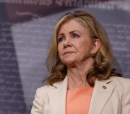 Tennessee senator Marsha Blackburn wears a beige blazer and pink top