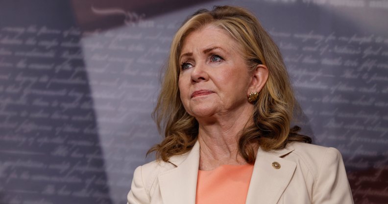 Tennessee senator Marsha Blackburn wears a beige blazer and pink top