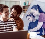 This is a side by side images of two same sex couple working from home.