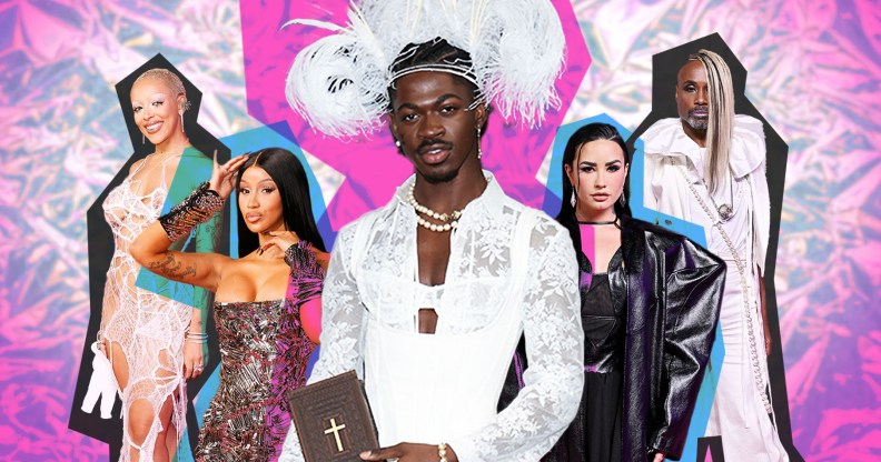 A composite image showing Doja Cat, Cardi B, Lil Nas X, Demi Lovato and Billy Porter in their red carpet looks at the MTV VMAs 2023