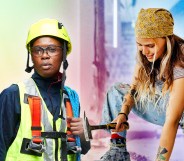 This is a side by side image of two female presenting people in the construction industry. On the left is a Black female presenting person wearing a hard had, hi-vis vest and safety harness. On the right is a white woman wearing a brown bandana. They are crouching and holding a hammer.