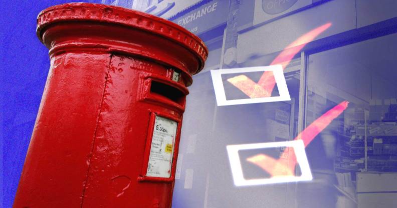 In the foreground, there is a red mail box. In the background there are a series of checkboxes and a storefront of the UK retailer the Post Office.