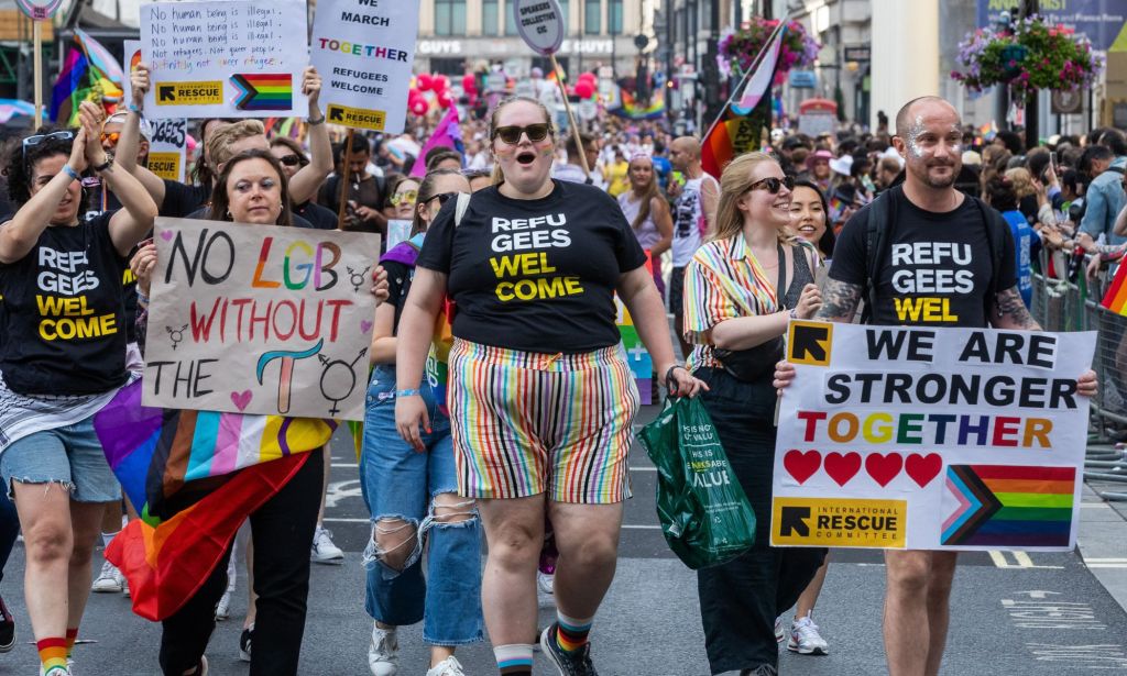 Pro-LGBTQ+ protestors come out in support of migrants and refugees.