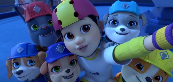 A still from new episode of Paw Patrol spin-off Rubble & Crew featuring non-binary character River.