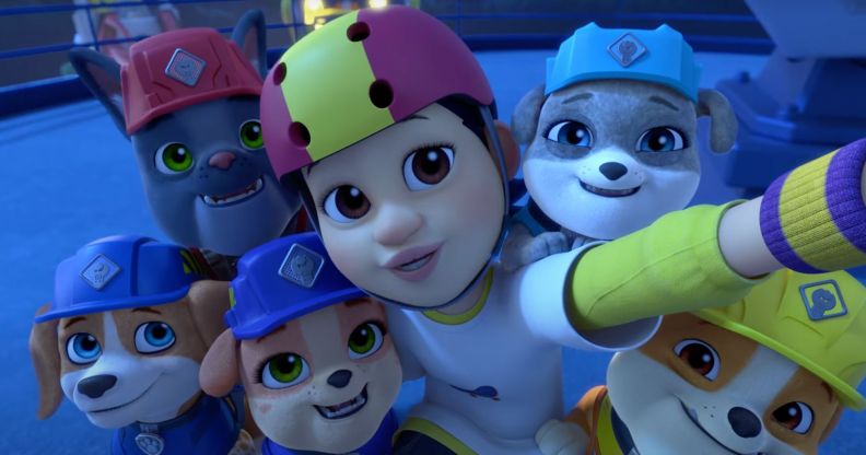 A still from new episode of Paw Patrol spin-off Rubble & Crew featuring non-binary character River.