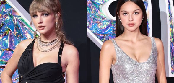 Taylor Swift and Olivia Rodrigo on the red carpet at the 2023 MTV Video Music Awards.