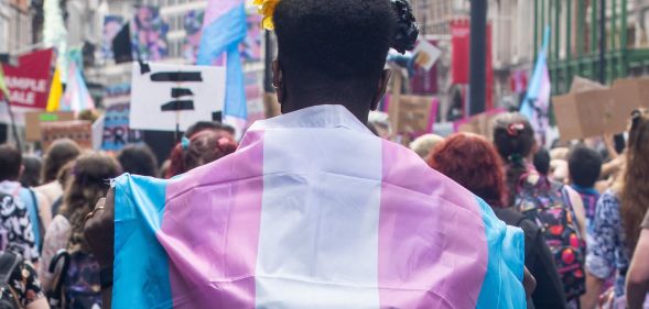 A protestor wearing a trans flag during a Pride event.