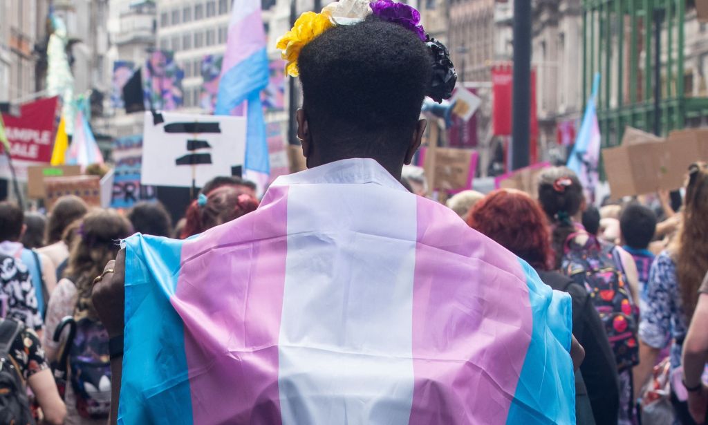 A protestor wearing a trans flag during a Pride event.