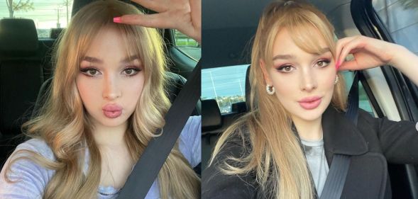 Trans influencer Grace Hyland poses in a car wearing a seatbelt