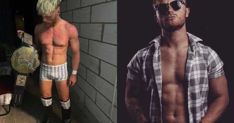 On the left Adam Bolt is pictured with a trophy wearing stripy underwear. On the right he is pictured wearing a plaid shirt that is open and he is wearing sunglasses.