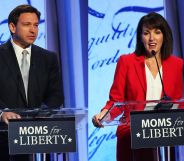 Side by side images of Florida governor Ron DeSantis and Tina Descovich, a co-founder of anti-LGBTQ+ group Moms for Liberty, standing at podiums