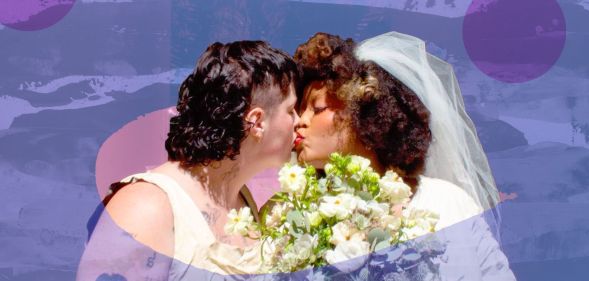 A graphic composed of a wedding image of queer, trans TikTok couple Grey and Grayson Prince kissing with blue and pink designs in the background