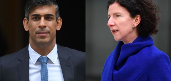 Rishi Sunak pictured leaving No 10 Downing Street on the left wearing a white shirt, a blue tie and a navy suit. On the right Labour's Anneliese Dodds is pictured wearing a blue jacket and speaking to reporters.