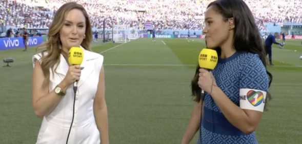 Alex Scott wears OneLove Armband at the FIFA World Cup in Qatar.