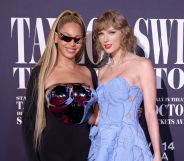 Beyoncé and Taylor Swift stand next to one another at the Taylor Swift: The Eras Tour film premiere.