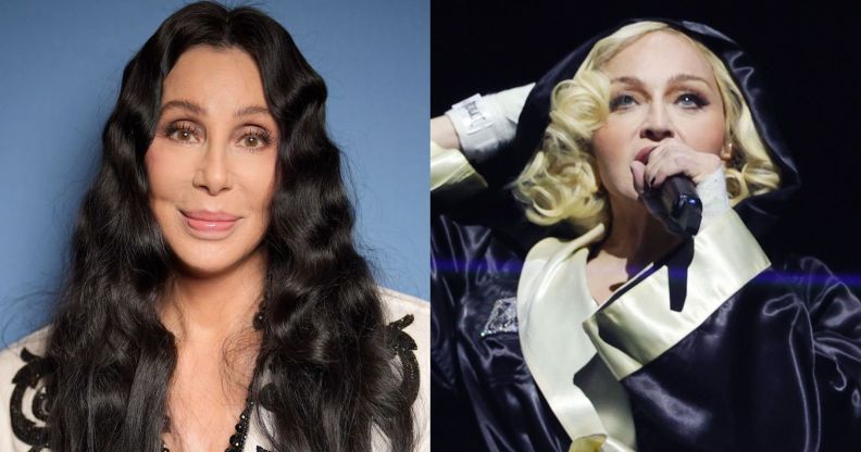 A composite image of Cher (left) and Madonna (right) performing on the Celebration Tour