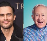 Cheyenne Jackson (left) smiles on the red carpet wearing a leather jacket. Leslie Jordan (right) smiles open mouthed wearing a striped shirt, stood against a blue background.