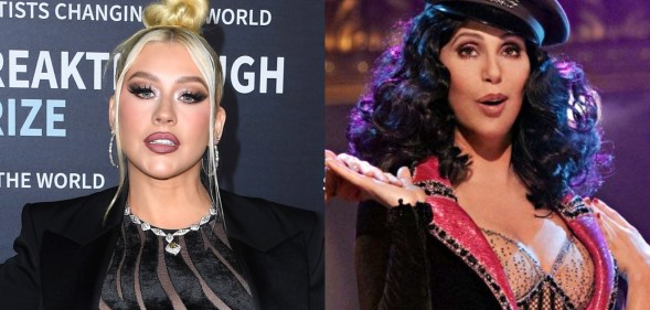 Christina Aguilera (L) dressed as Cher for Halloween.