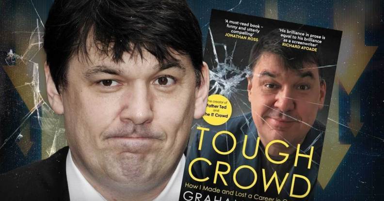 An edited photo of Graham Linehan next to his book.