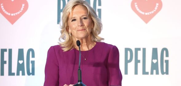 First Lady of the United States Jill Biden speaks on stage during Learning With Love: The 2023 PFLAG National Convention in Washington DC