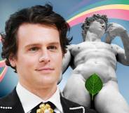 A composite image of Jonathan Groff and the statue of David