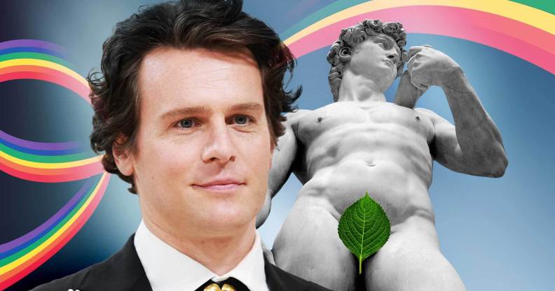 A composite image of Jonathan Groff and the statue of David