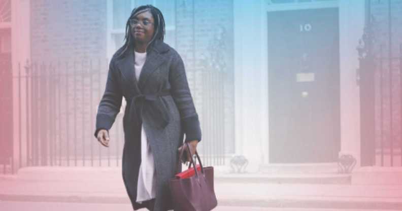 Kemi Badenoch pictured walking out of Number 10 in an edited background done with the colours of the trans pride flag.