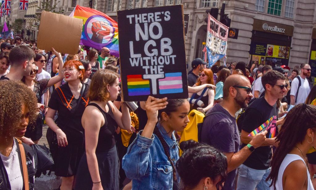 A protestor holds a sign reading "There's no LGB without the T." 