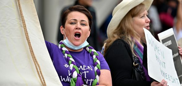 Anti-trans campaigner Marion Millar takes part in a woman’s rights demo organised by Women Wont Wheesht on September 02, 2021 in Edinburgh, Scotland