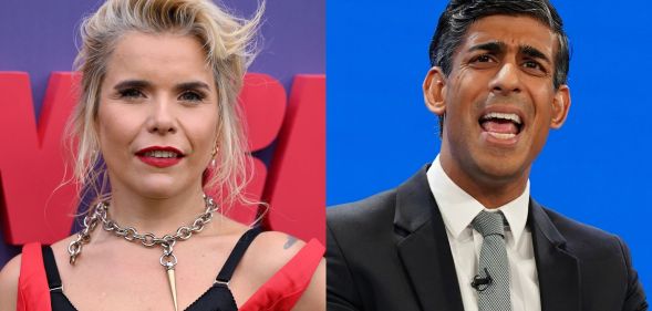 On the left, Paloma Faith. On the right, Rishi Sunak at the Conservative Party Conference.