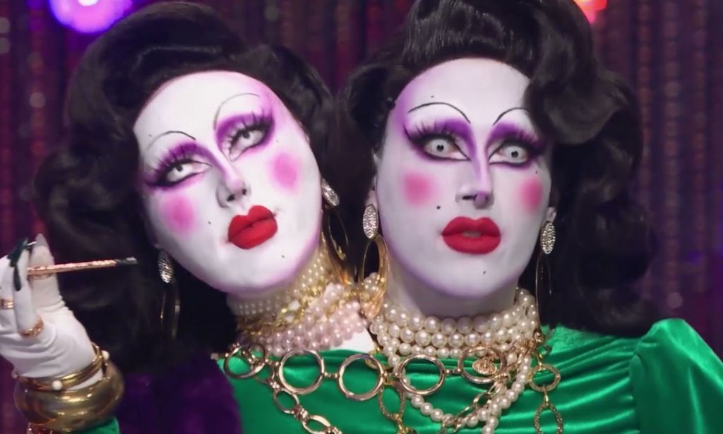 Drag Race Canada star Pythia wearing a two-headed look.