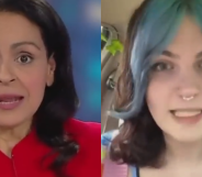 A split image of Sky News journalist Rita Panahi and a trans woman in a viral clip.