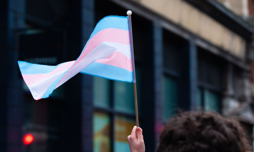 Stock image of a trans flag waving in the wind