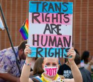 Protester holds up sign reading "trans rights are human rights"