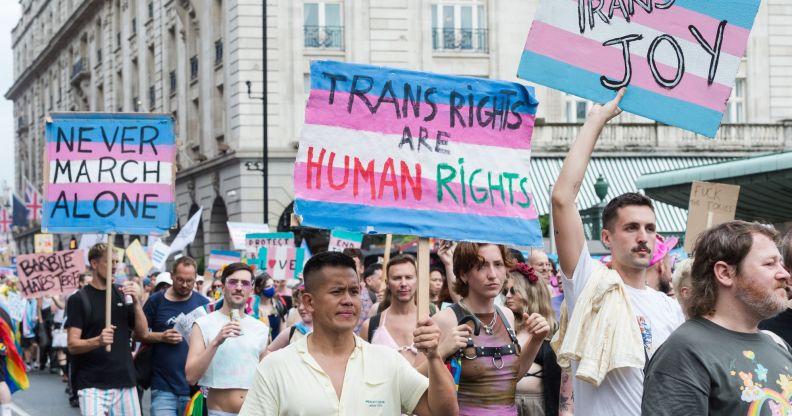 Protesters carry placards reading "trans rights are human rights"