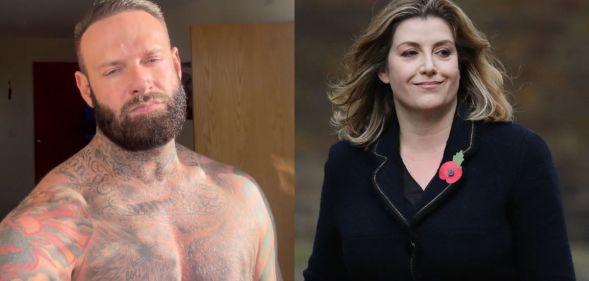 James Mordaunt pictured shirtless in a screenshot from an Instagram video on the left and Penny Mordaunt is pictured walking outdoors wearing a black suit.