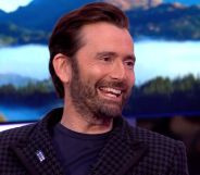 David Tennant on BBC's The One Show wearing a trans pride TARDIS badge.