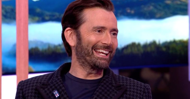 David Tennant on BBC's The One Show wearing a trans pride TARDIS badge.